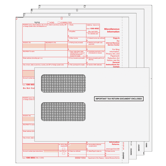 2025 1099-MISC Tax Pack, 4-Part Laser Forms for 10 Vendors with Envelopes & 1096 Transmittals