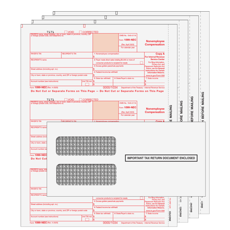 2025 1099-NEC Tax Pack, 4-Part Laser Forms for 10 Recipients with Envelopes & 1096 Transmittals