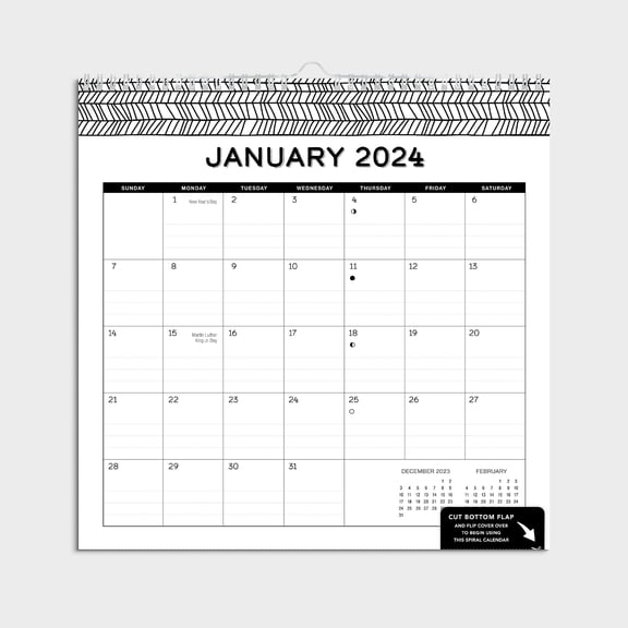 2024- 12 Month Calendar-Black lines Border-12x12 Spiral bound by Pen+Gear