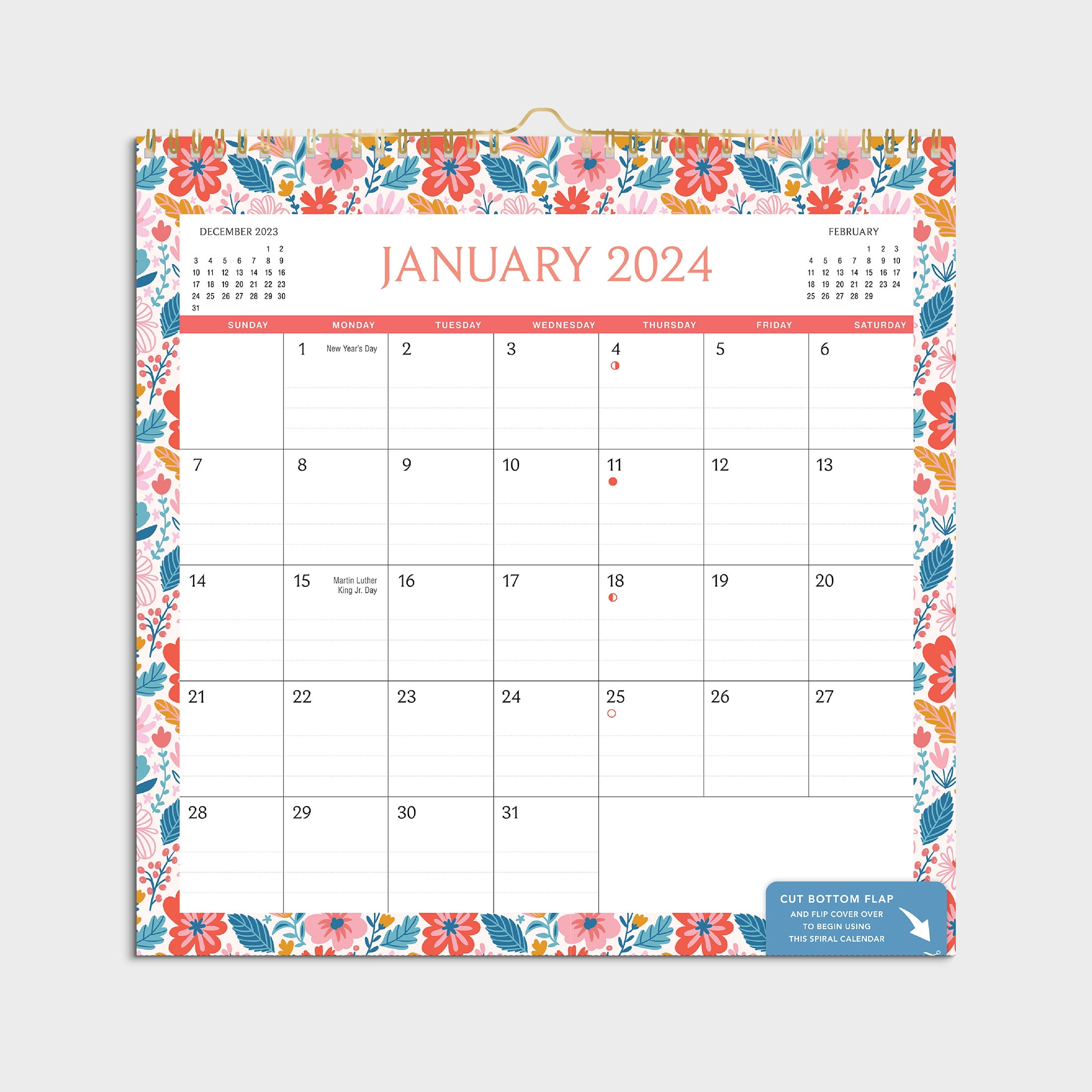 2024- 12 Month Calendar-Floral Border-12x12 Spiral bound -by Pen+Gear