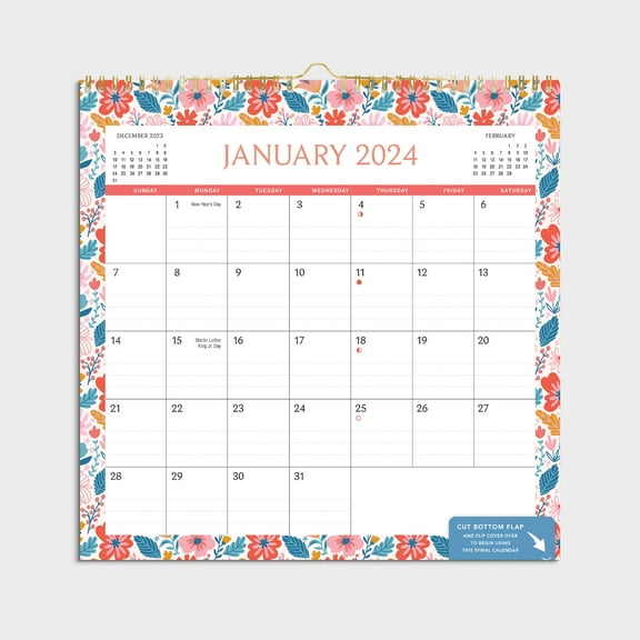 2024- 12 Month Calendar-Floral Border-12x12 Spiral bound -by Pen+Gear