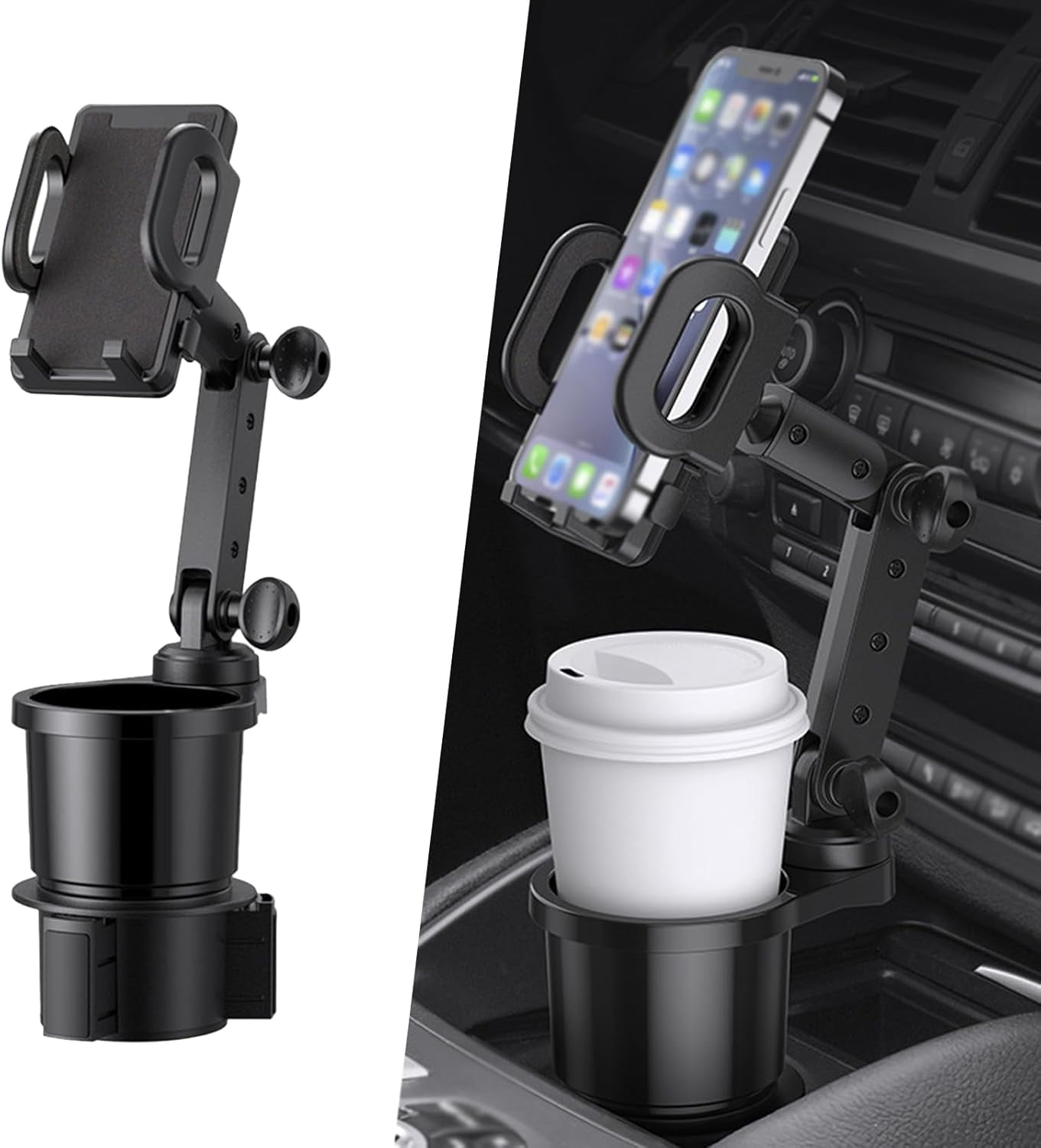 Cup Phone Holder for Car, 2 in 1 Car Cup Holder Expander with Phone Mount,360 Degree Rotation Long Arm Cell Phone Holder for Car Compatible with All