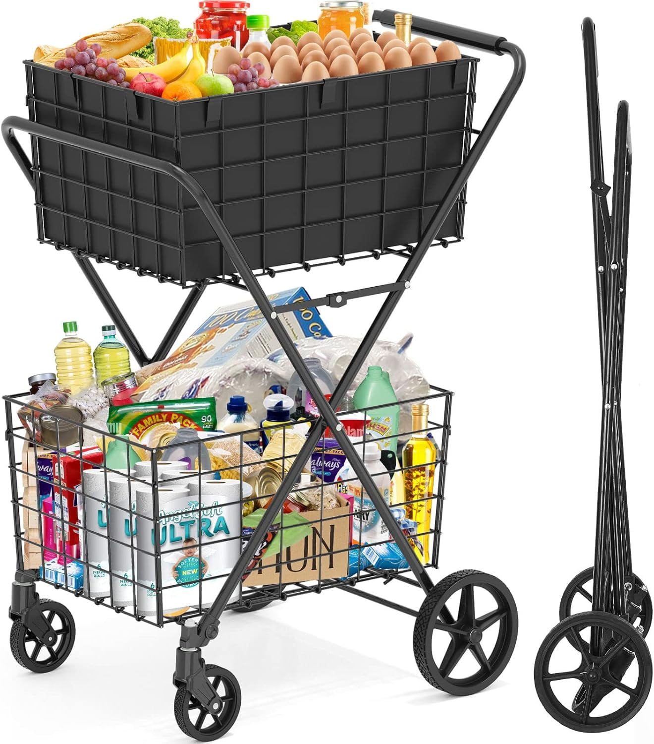 [2024𝐍𝐄𝐖] 2-Tier Extra Large Collapsible Grocery Cart On Wheels, 400lbs ...