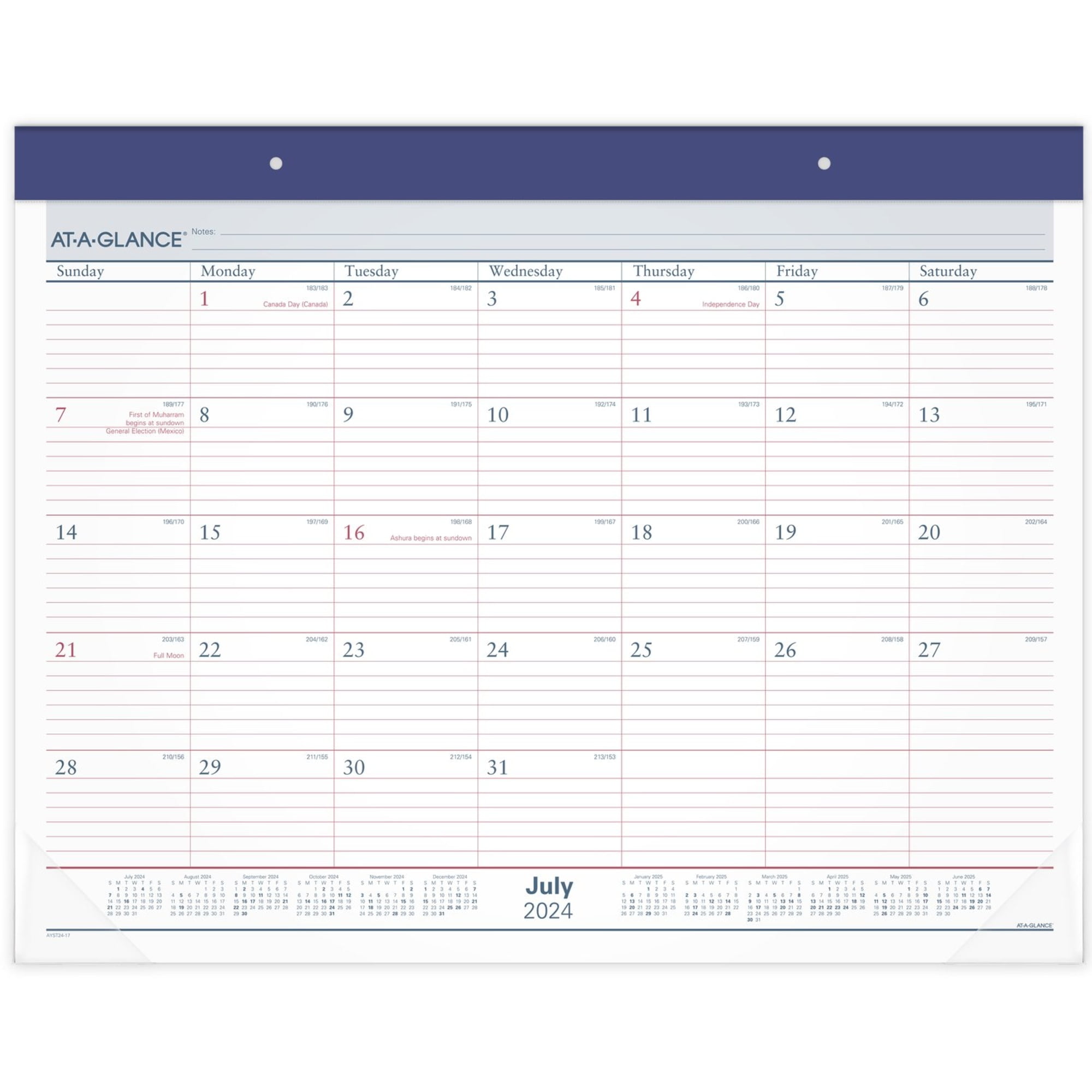 2024-2025 AT-A-GLANCE Academic Standard Monthly Desk Pad Calendar, 21-3/4" x 17", Blue/Red, July to June