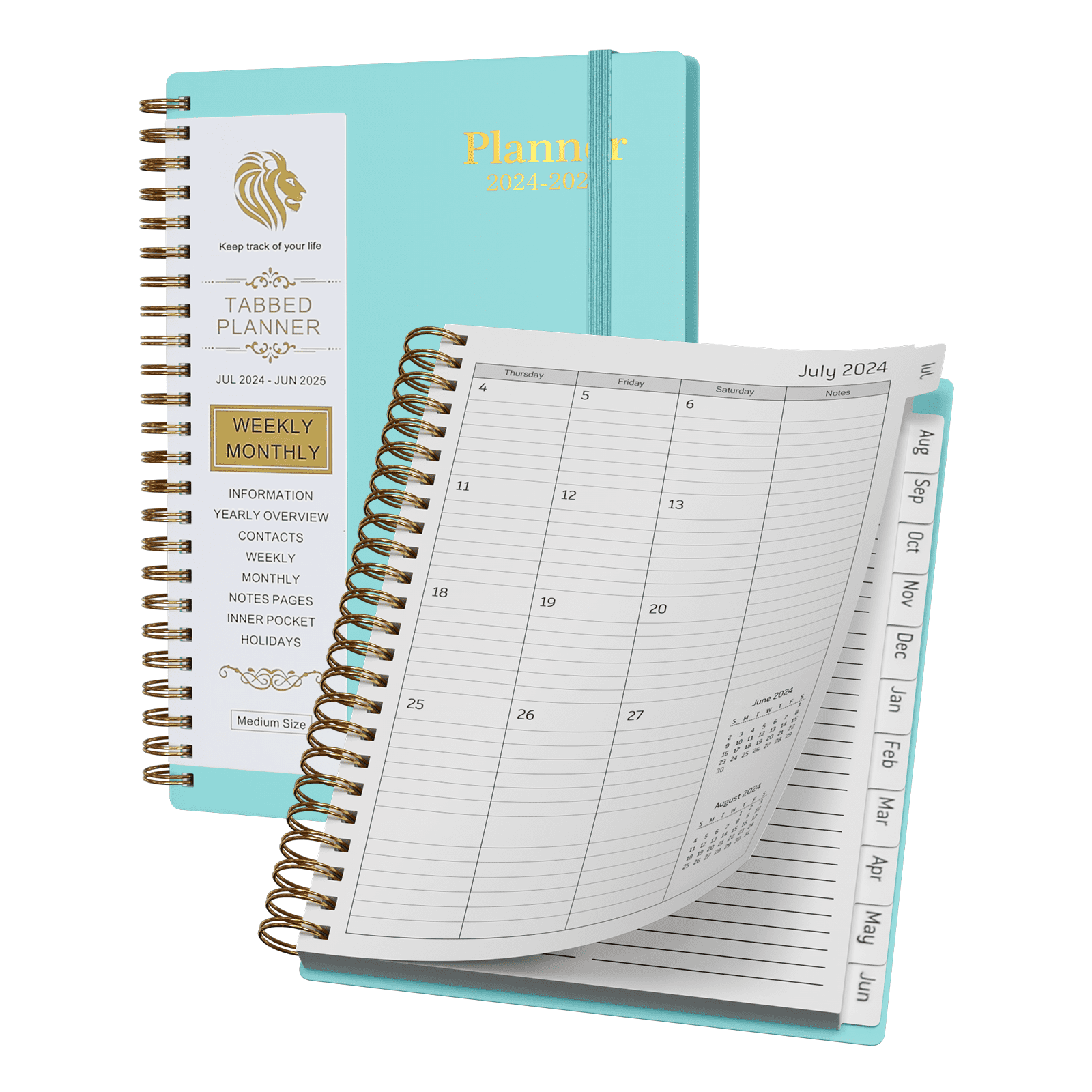 Planner Pad Spiral Bound Academic Year Planner (July 2024-June 2025) - 8.5"x11" 3-Tier Funnel System, Greenish Grey