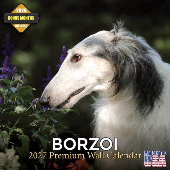 MegaCalendars 2026-2027 Borzoi Wall Calendar, 12x12 Bonus Month Monthly Planner, Made in USA