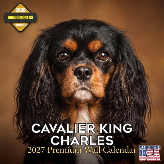 MegaCalendars 2026-2027 Cavalier King Charles Wall Calendar, 12x12 Bonus Month Monthly Planner, Made in USA