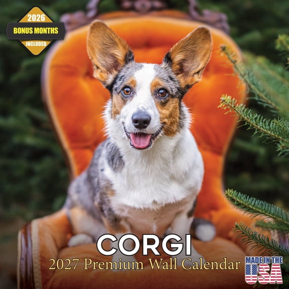 MegaCalendars 2026-2027 Corgi Wall Calendar, 12x12 Bonus Month Monthly Planner, Made in USA