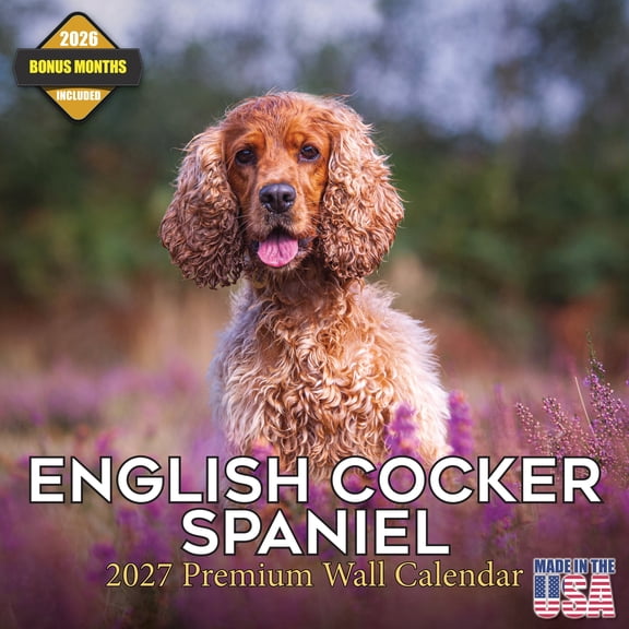 MegaCalendars 2026-2027 English Cocker Spaniel Wall Calendar, 12x12 Bonus Month Monthly Planner, Made in USA