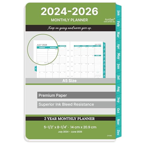 2026-2027 Monthly Planner Refill - Planner Inserts with 7-Hole Punched, 5-1/2" x 8-1/2", Jan 2026 to Dec 2027, Two Pages Per Month, 2026-2027 Calendar with Monthly Tabs