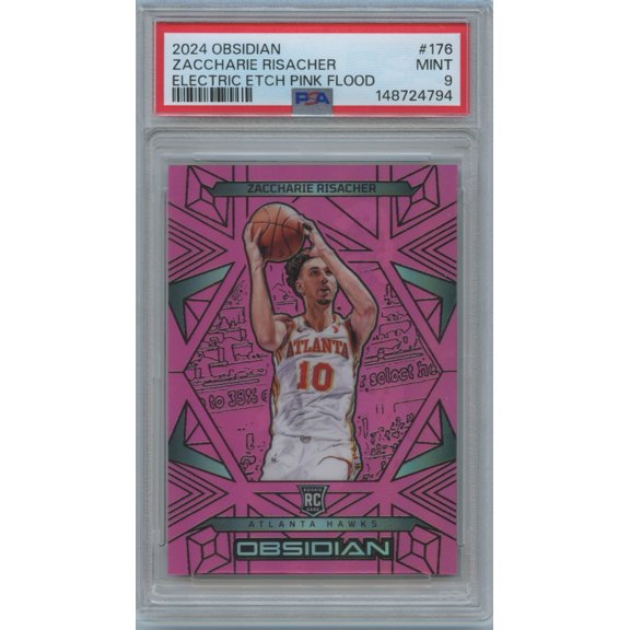 2024-25 Panini Obsidian Zaccharie Risacher #176 Electric Etch Pink Flood Parallel/Variety Rookie Base Set PSA 9