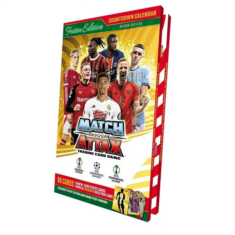 Topps Match Attax 24/25 - Advent Calendar - 120 Match Attax cards including 24 all new Festive cards plus a guaranteed new and exclusive Gold-Edge card! Topps Match Attax 24/25 - Advent Calendar - 120 Match Attax cards including 24 all new Festive cards plus a guaranteed new and exclusive Gold-Edge card!