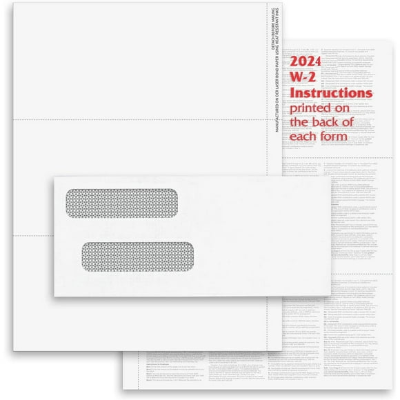 2024 3-Up W-2 Tax Forms 100 Sheets & Self Seal Envelopes for Laser or Inkjet, 24 lb. Paper, Instructions Printed on The Back, Compatible with QuickBooks and Accounting Software