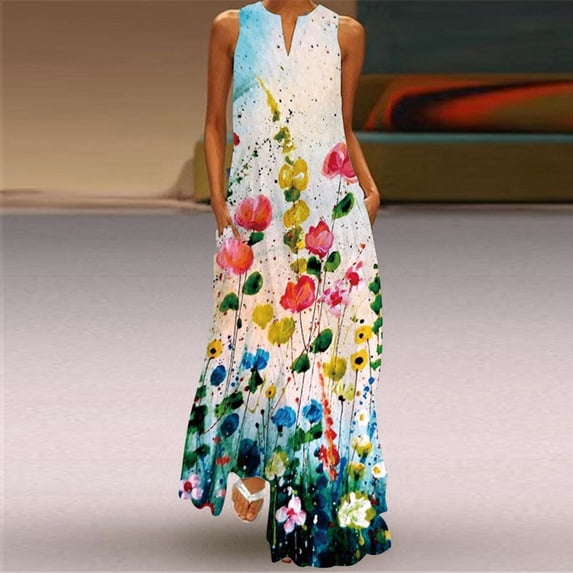 2024 3D Floral Printed Women Dress Summer Vintage V-neck Sleeveless Loose Maxi Dress Elegant Casual Ladies Party Dresses Vestidos