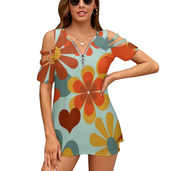 2024 70'S Flower Power Women Zipper Sexy Printed Vintage T Shirts Tops Full Print T-Shirt 70S Flower Power Vintage Retro 70S 1970S