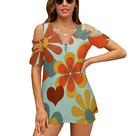 2024 70'S Flower Power Women Zipper Sexy Printed Vintage T Shirts Tops Full Print T-Shirt 70S Flower Power Vintage Retro 70S 1970S