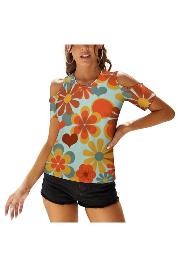 2024 70'S Flower Power Women Zipper Sexy Printed Vintage T Shirts Tops Full Print T-Shirt 70S Flower Power Vintage Retro 70S 1970S