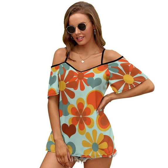 2024 70'S Flower Power Women Zipper Sexy Printed Vintage T Shirts Tops Full Print T-Shirt 70S Flower Power Vintage Retro 70S 1970S