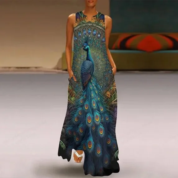 2024 A-line Long Dress For Female Spring Summer New Sleeveless Floral Print V-neck Slim Fashion Casual Chic Elegant Women Dress