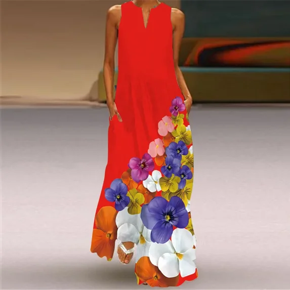 2024 A-line Long Dress For Female Spring Summer New Sleeveless Floral Print V-neck Slim Fashion Casual Chic Elegant Women Dress