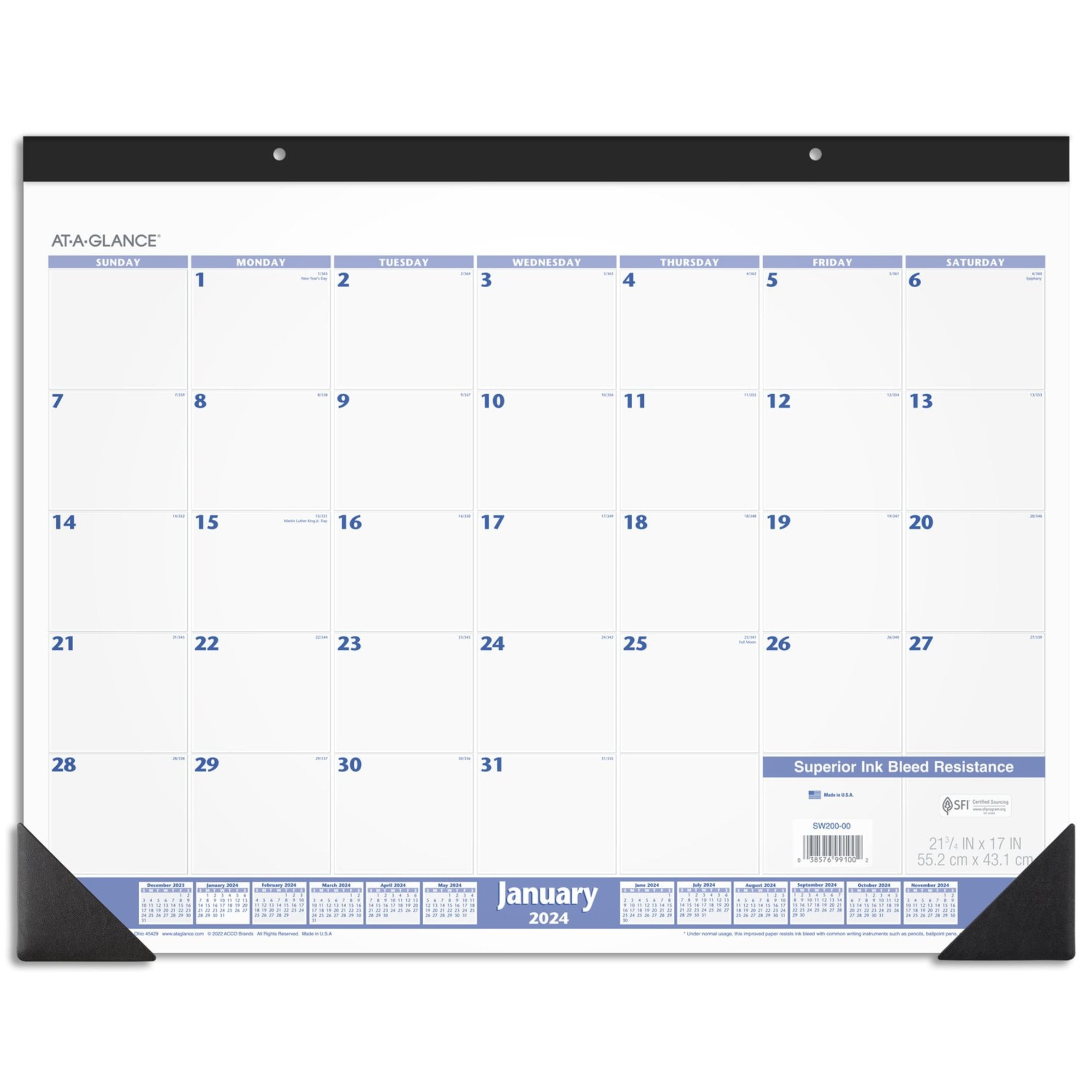 Standard White Monthly Desk Pad with Black Binding and Corners
