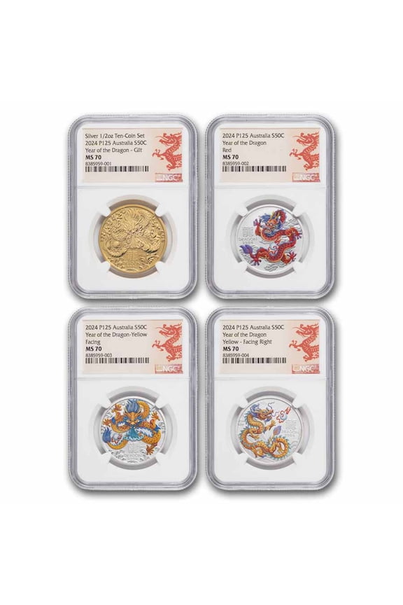 2024 AUS 1/2 oz Ag 10-Coin Colorized Lunar Dragon Set MS-70 NGC