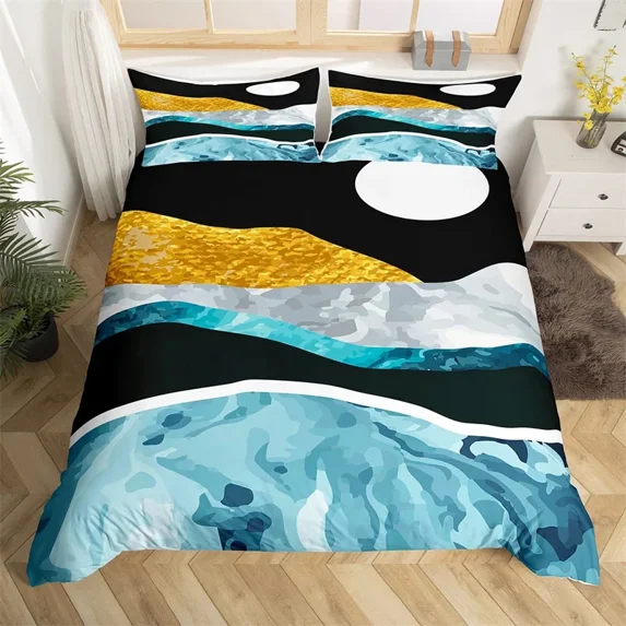 2024 Abstract Landscape Duvet Cover Single King Farmhouse Style Bedding Set Microfiber Mid Century Black and Gold Quilt Cover