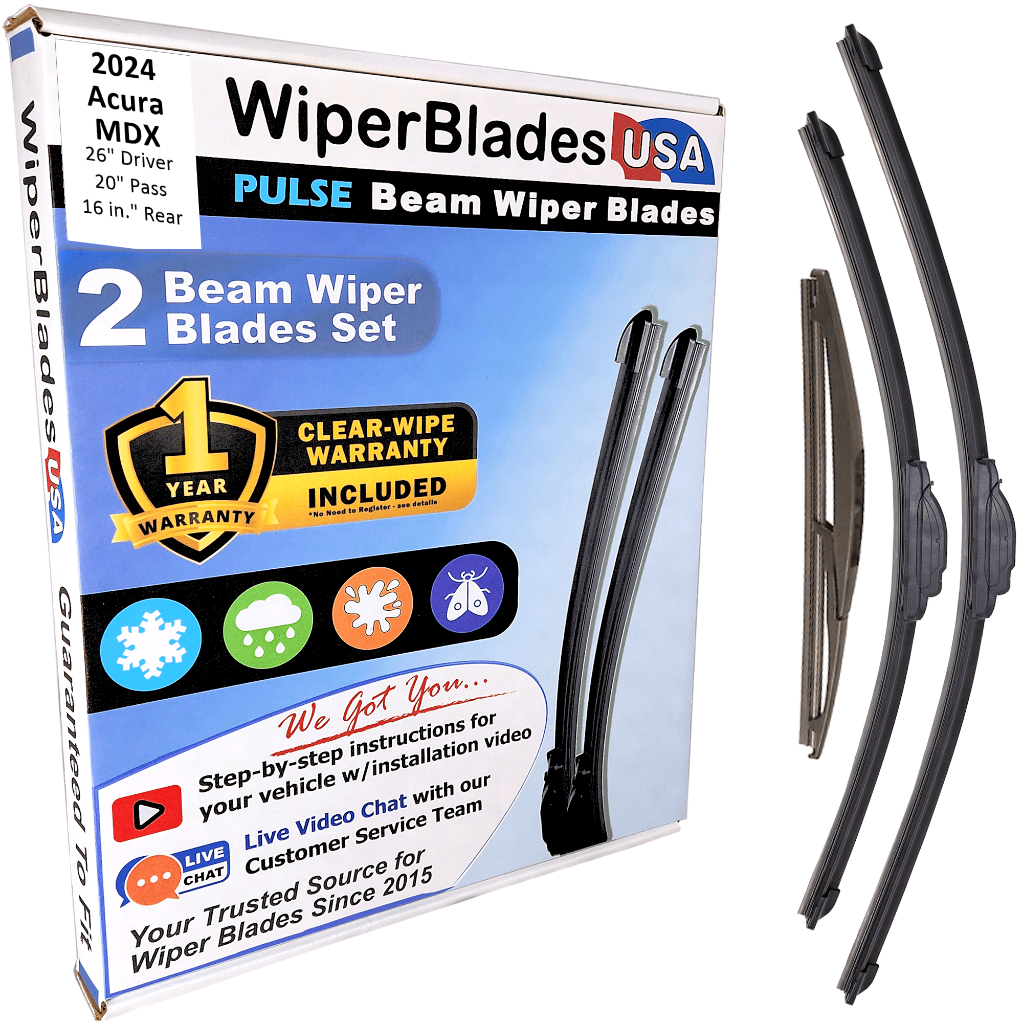 2024 Acura MDX Beam Wiper Blades Wipers w/1yr Warranty (Set of 3) w/Rear Wiper (WiperBladesUSA)
