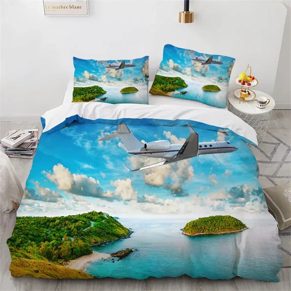 2024 Airplane Duvet Cover Microfiber Clouds Sky Scenery Comforter Cover Aviation Aircraft Runway Bedding Set Twin King For Boys Teens