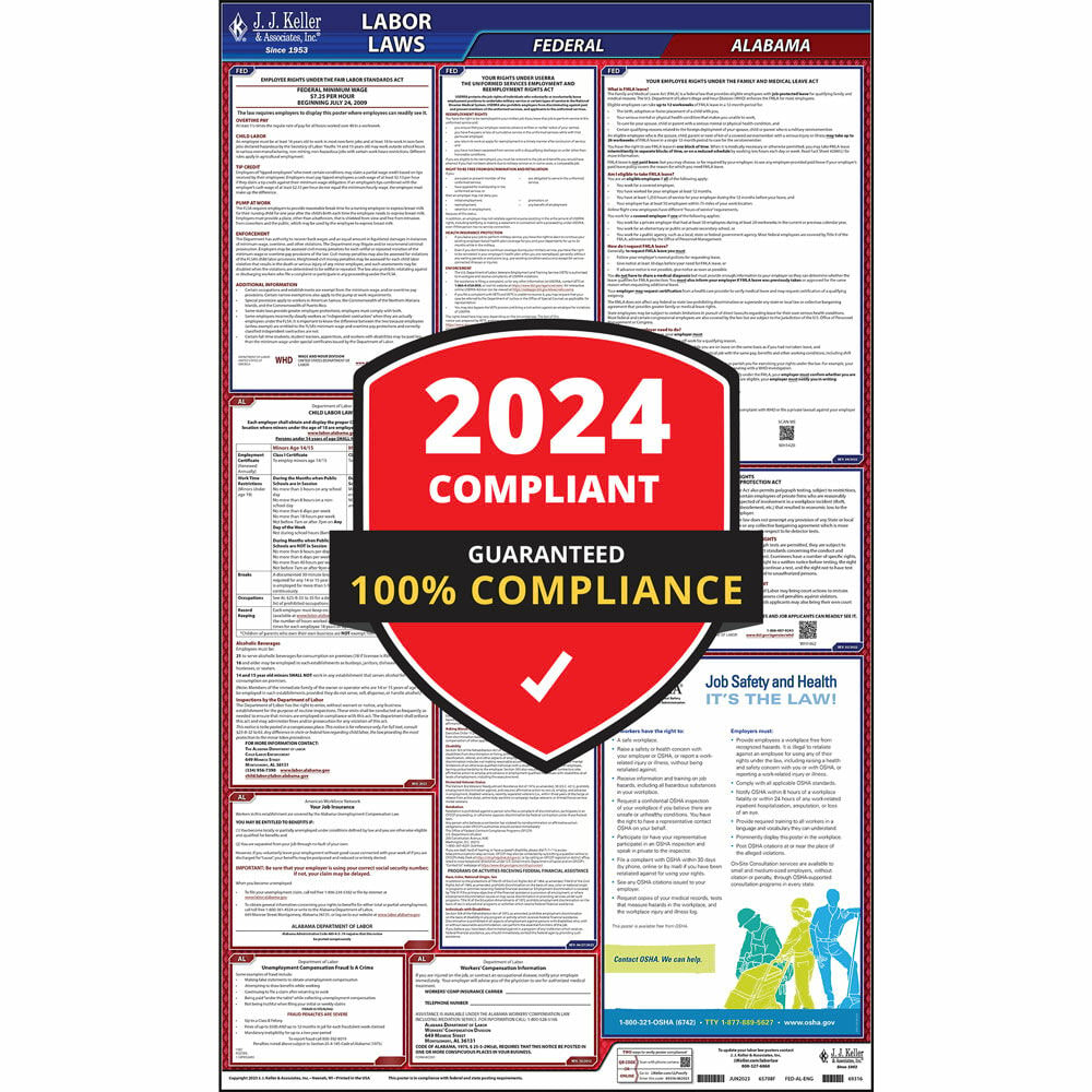 2024 Alabama Labor Law Poster, All-in-One OSHA Compliant AL State & Federal Laminated Poster (24" x 40" English)