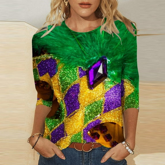 2024 American Carnival Tops 3/4 Sleeves Round Neck Mardi Gras Printed Casual T-shirt New Years Gifts Purple M