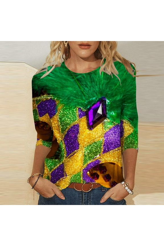 2024 American Carnival Tops 3/4 Sleeves Round Neck Mardi Gras Printed Casual T-shirt New Years Gifts Purple M