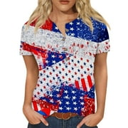 GIPQJK 2024 American Flag Women's Short Sleeve Button Neck USA Flag Star Stripes Print Parade T-Shirt Slim Tops Casual Independence Day USA Flag Graphic Shirts