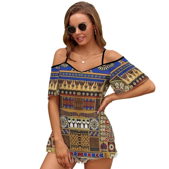 2024 Ancient Assyrian Art New Fashion Zip Off Shoulder Top Short-Sleeve Women Shirt Ancient Assyrian Art Assyrian Assyrians