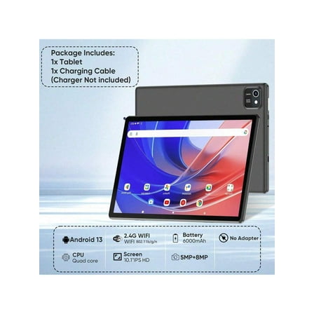 2024 Android 13 Tablet, 10.1-Inch HD 1280*800 Touch Screen, 2GB+64GB (1TB Expandable), Unisoc SC7731E Quad-Core (Up to 2.0GHz), 6000mAh, 2.4G WiFi, Bluetooth, 2.0MP+5.0MP Dual Cameras