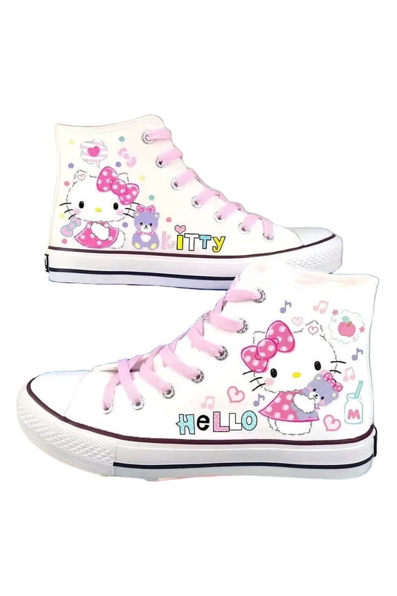 2024 Anime Sanrio Hello Kitty New Cartoon Cat Pattern Printed Canvas Shoes 2D Style Fashionable Versatile Sneakers for Women