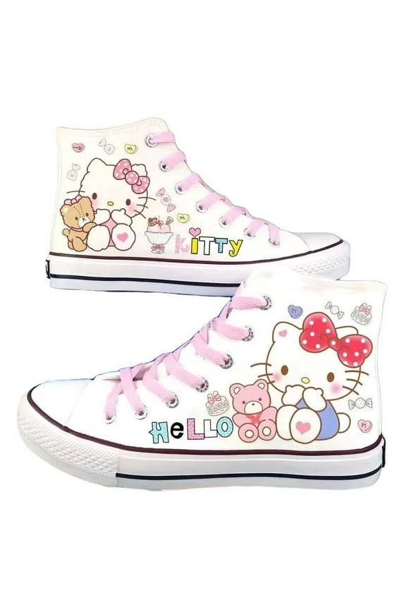 2024 Anime Sanrio Hello Kitty New Cartoon Cat Pattern Printed Canvas Shoes 2D Style Fashionable Versatile Sneakers for Women