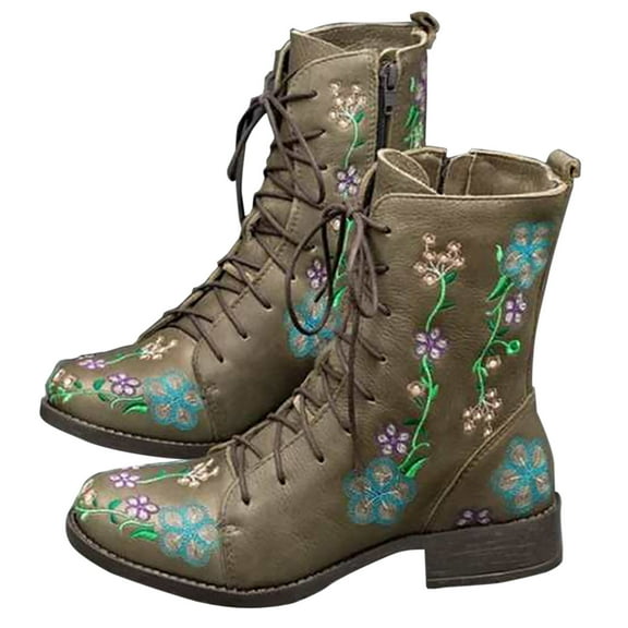 2024 Ankle Boots Women Cowboy Boots Comfortable Pull On Zipper Chunky Heel Pointed Toe Embroidered Western Cowgirl Knee High Boots Girls Ladies Retro Tall Boot Green 8