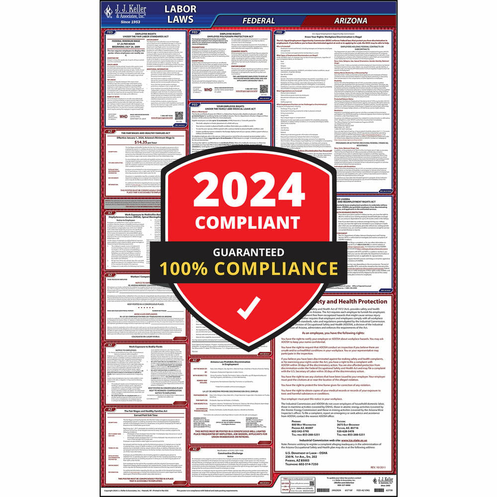 2024 Arizona and Federal Labor Law Poster (English, AZ State) - OSHA Compliant All-In-One Laminated Poster