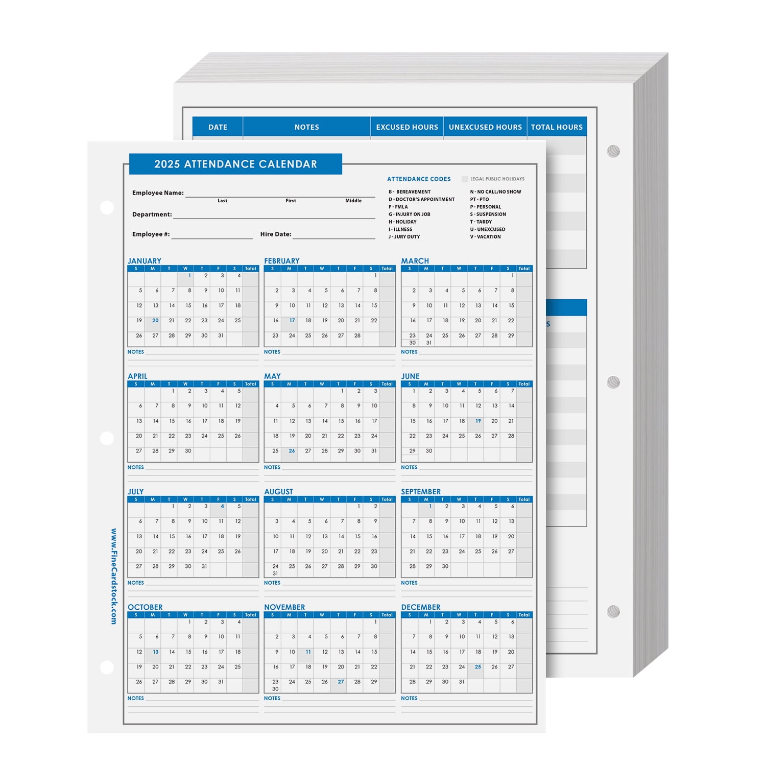 2025 Attendance Calendar Card Stock Paper, Employee Work Tracker, 80lb