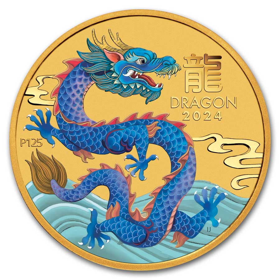 PERTH MINT 2024 Australia 1/10 oz Colorized Gold Lunar Blue Dragon BU