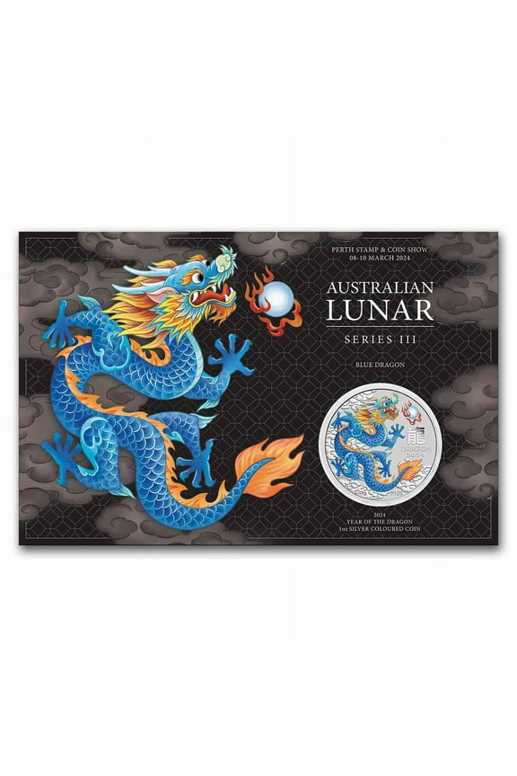 2024 Australia 1 oz Silver Lunar Colorized Blue Dragon in Card