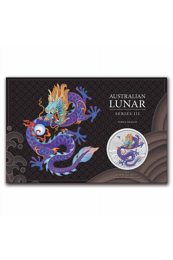 2024 Australia 1 oz Silver Lunar Colorized Purple Dragon in Card
