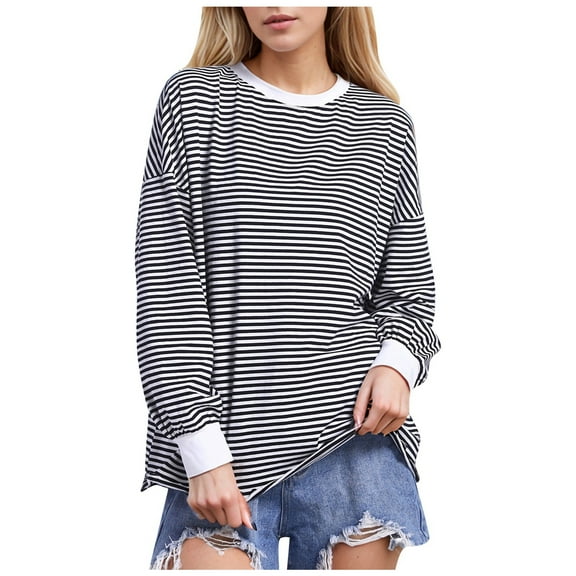 2024 Autumn New Women's Striped Long Sleeve T Shirt Loose Fit Round Neck Sweatshirt