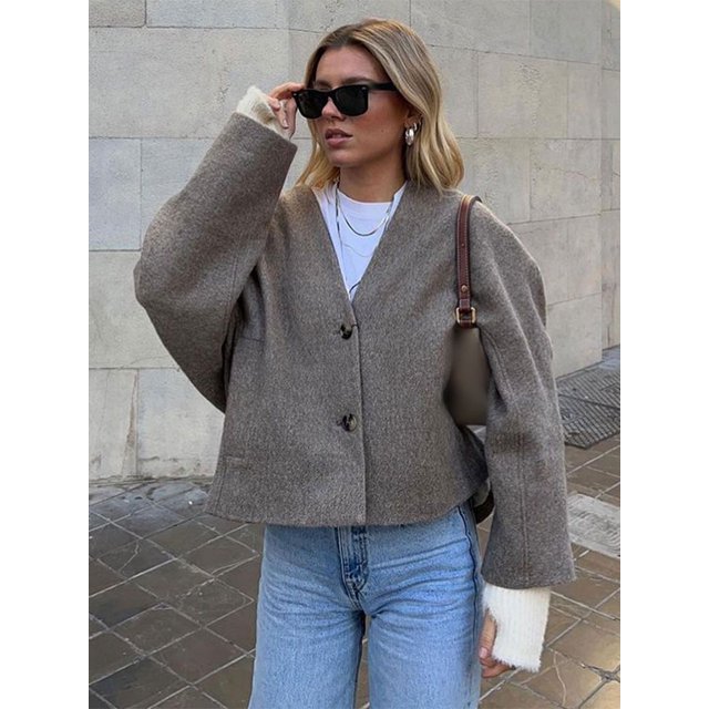 2024 Autumn Solid Single Breasted Short Coat Women Casual Long Sleeves V Neck Cropped Jacket