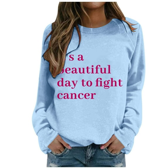 2024 Autumn And Winter Cancer Text Print Women's Hoodless Sweatshirt Baggy Top High Low Tops Women Graphic Hoodie Women Pullover Front Top Crop Top with Hood Full Christmas Sweatshirts Women Athletic