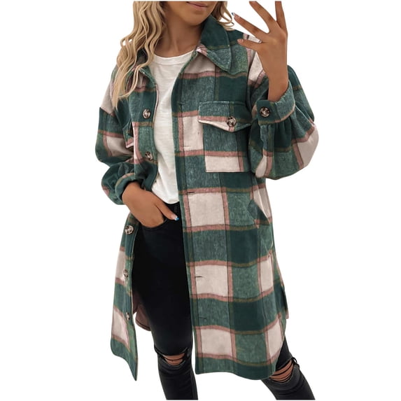 2024 Autumn and Winter Fashion Flannel Plaid Jackets for Womens Plus Size Long Sleeve Button Shirts Jacket Coats With Pockets Color Block Coat