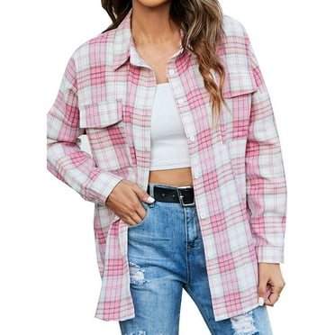 2024 Autumn and Winter Fashion Plaid Jackets for Womens Plus Size Long Sleeve Open Front Loose Outerwear Printing Blouse Coat Tops Pockets Blouse Save to 65% off!