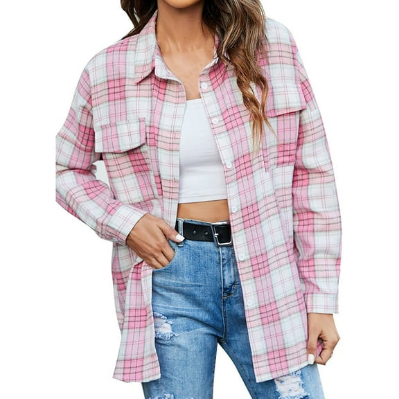 2024 Autumn and Winter Fashion Plaid Jackets for Womens Plus Size Long Sleeve Open Front Loose Outerwear Printing Blouse Coat Tops Pockets Blouse
