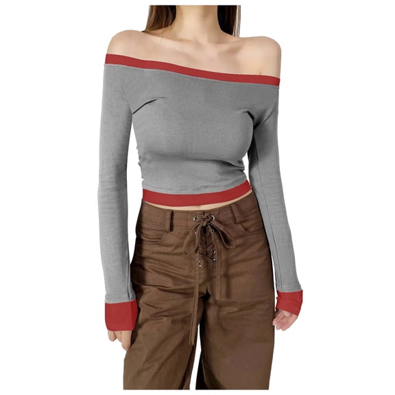 2024 Autumn Women's Slim Fit Color Block One Shoulder T-Shirt Fashion Contrasting Sleeve Casual Top Underwear Basic Tee